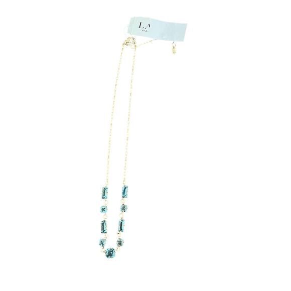 New Ralph Lauren Aqua Pale Blue Baguette Jewel Frontal Gold Tone Chain Necklace - Picture 3 of 9